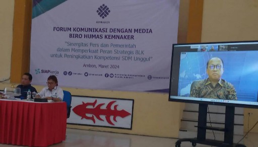 Sekjen Kemnaker Anwar Sanusi beri sambutan secara virtual pada acara kunjungan Forwaker ke BPVP Ambon. (Foto: Ful)